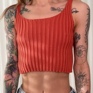 Rust Orange Ribbed Knit Crop Tank Fitted Stretch Scoop Neck Basic Summer Top